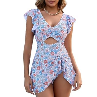 MFAVIP Women One Piece Swim Dress Tummy Control Swimsuits V Neck Ruffle Bathing Suit Cutout Wrap Side Tie Swimwear with Skirt