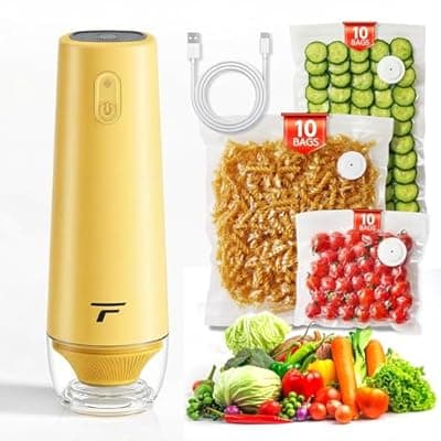 [Tynjuov] Vacuum sealer for food, Chef’s Design to Preserve Freshness, Compact Handheld Vacuum Sealer with 30 Reusable Bags, Professional-Grade for Food Storage Savers, Mustard