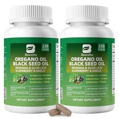 B BEWORTHS 2PC Oil of Oregano with Black Seed Oil - Carvacrol Oregano Oil Capsules Support Immune, Antioxidant & Digestive Health | Moringa, Olive Leaf, Elderberry, Echinacea, Garlic, Fennel, Non-GMO