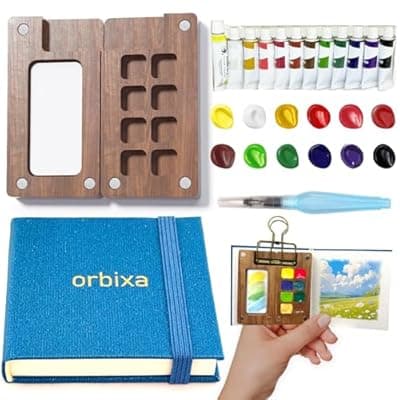 [orbixa] Orbixa Mini Watercolor Palette Paint Set–Travel Size,12 Color Paint with 8-Well black Walnut Palette,Mini Sketchbook travel watercolor set& pocket kit | Portable Watercolor Kit for Artists,Students&Be