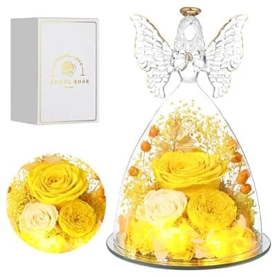 [Tiaronics] Tiaronics Mothers Day Rose Gifts for Women Preserved Real Flower in Glass Angel Figurines Roses for Delivery Prime Birthday Gifts for Mom Grandma Girlfriend Wife Her,Yellow Austin Roses