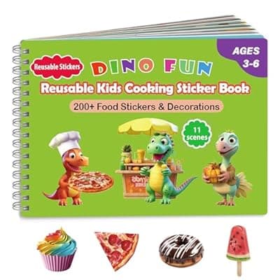 [Dino Fun] Dino Fun Cooking Sticker Book, Create & Play with 200+ Removable Food Stickers & 11 Playful Kitchen Scenes for Kids 3-6