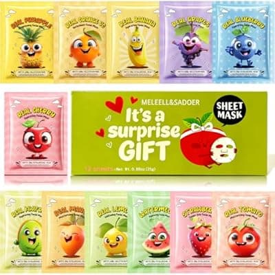 [Meleell] Meleell Collagen Face Masks Skincare Bulk,Hydrating Spa Face Mask Beauty for Sensitive Skin,Sheet Mask for Women Skin Care, Facial Mask Sets for Teen Girls (12 Masks Fruits)