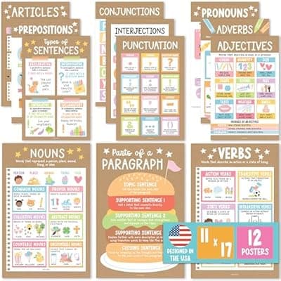 [Hadley Designs] Parts of Speech Posters for Classroom Must Haves - 12 English Grammar Posters for Classroom, Writing Process Language Arts Elementary & Middle School, ELA 3rd 4th & 5th Grade Kraft Teacher Must Haves