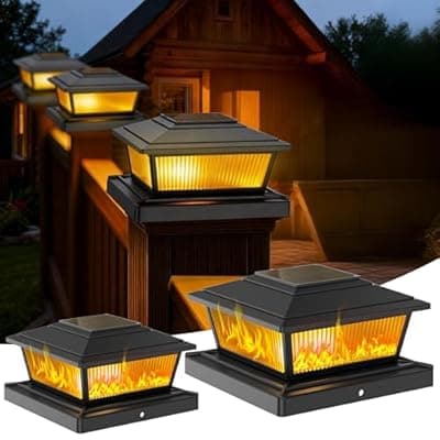 [KEILAIMO] KEILAIMO Solar Post Cap Lights Outdoor for 4x4 5x5 6x6 Wood/Vinyl Posts, 8 Pack Fence Post Solar Lights with Flickering Flame & Warm Modes for Deck/Garden/Patio, IP65 Waterproof - Black