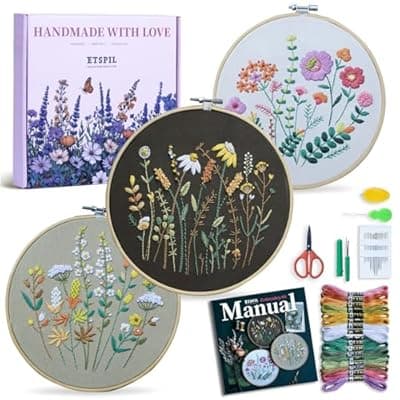 [ETSPIL] ETSPIL 3 Pack Beginner Embroidery Kits for Adults, DIY Starter Set with Stamped Flower Designs, Embroidery Hoop, Colorful Threads, Tools, Step-by-Step Instructions & Video Tutorial