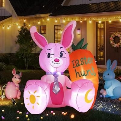 [KISSUNY] 5.15FT Easter Inflatable Bunny Outdoor Decorations, Pink Rabbit with Orange Carrot, Built-in LED Lights and Anchor Kit, Blow Up Yard Decor for Garden, Lawn, Patio, Easter Egg Hunt Party
