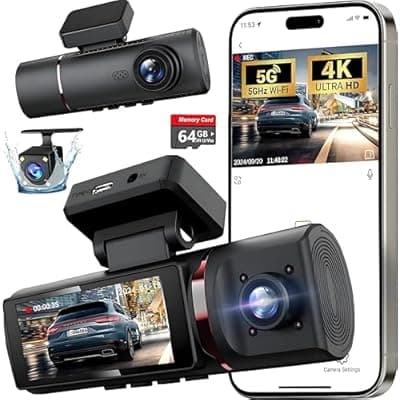 [WECAMTX] 3 Channel 4K Dash Cam Front and Rear Inside, Built-in 5G WiFi,4K+1080P+1080P Dash Camera with 64GB Card,3.16” IPS Screen,Loop Recording, G-Sensor, 24H Parking Monitor, Night Vision(Rose Gold)