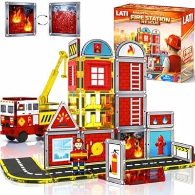 [LATI] LATI Fire Rescue Magnetic Tiles for Kids,Double-Sided Fire & Rescue Blocks with Fire Truck, Station, Roads & Crane, STEM Magnetic Building Blocks for Boys & Girls Ages 3-8