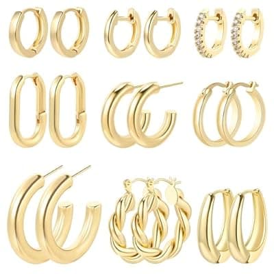[XIUQILAI] 9 Pairs 14K Gold Plated Hoop Earrings for Women | Hypoallergenic Chunky Huggie Gold Earrings Set | Lightweight Small Thick Open Hoops Earrings Jewelry Pack