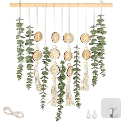[HLDEJAAJ] Artificial Eucalyptus Wall Hanging Decor, with Wooden Stick,Chic Boho Rustic Home wall Art Decor for Bathroom Bedroom Office Living Room (Artificial Eucalyptus Cream Tassels with Wooden Chip)