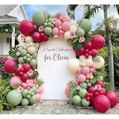 [Olamivra] Hot Pink and Sage Green Balloon Garland Arch Kit, Double Stuffed Dusty Green Magenta & Ivory Balloon Decorations for Baby Shower, Garden Bridal Wedding, Tropical Birthday, Boho Tea Party