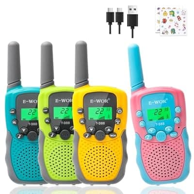 [E-WOR] E-WOR Walkie Talkies for Kids, 4 Pack 3KMS Long Range Rechargeable Walkies Talkie Toy with Flashlight Adventure Toys for 3 4 5 6 7 8 9 10 11 12 Year Old Boys Girls, Great for Kids