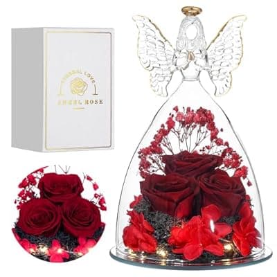 [Tiaronics] Tiaronics Mothers Day Rose Gifts Glass Angel Figurine with Three Roses Gifts, Preserved Forever Real Rose Gifts for Women, Angel Guardian with Rose for Mothers Day - Wine Red