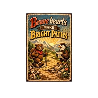 [Carastora] Brave Hearts Make Bright Paths Metal Tin Sign Vintage Adventure Wall Decor Inspirational Quote Hiking Bear Eagle Mountain Trail Rustic Nature Art 8x12 Inch Home Cabin Office Plaque