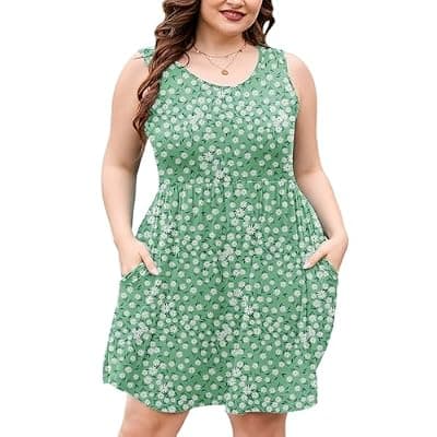 [AusLook] AusLook Plus Size Summer Tank Dress for Women Casual Sleeveless Crewneck Pleated Babydoll Swing Sundresses with Pockets 1X-5X