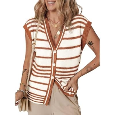 Dokotoo Sweater Vest Women Striped V Neck Button Vest for Women Vest Top Spring Cardigan Sweaters for Women 2025