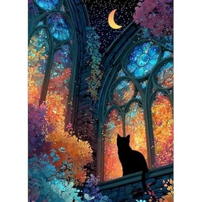 [Teemosreal] Teemosreal Puzzles for Adults 1000 Pieces, Stained Glass Cat Fantasy Night Moon Scene, Challenging Puzzle Game with Poster, Matte Finish, Interlock Perfectly Frameable Wall Decor Gift