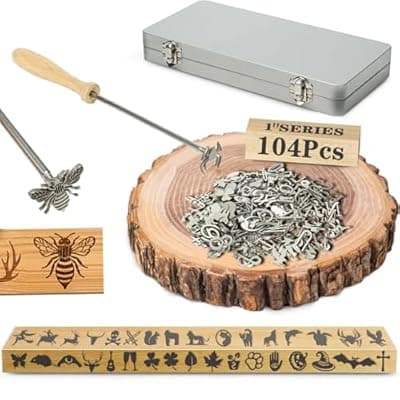 [TOPORNEE] TOPORNEE 104 Pcs Mini 1" Wood Branding Iron Set, A-Z Letters and 0-9 Numbers, 1.6 Inch Antlers with 10 Inch Wood Handle (104PCS 1" Assorted Characters Set)