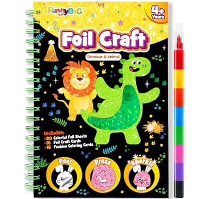 [FUNNYB&G] FUNNYB&G Foil Art Craft Kit for Girls 4-10 Years Old: Mess-Free & No-Glue, Create 16 Sparkly Dinosaur& Animal Pictures – Perfect Travel Toy & Birthday Gift for Kids (Dinosaur Animal)