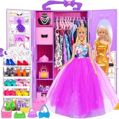 [ebuddy] 11.5 inch Doll and Doll Accessories - 101 Pcs Doll Closet Playest Including Shoes Rack,Dress,Shoes Hangers Accessories