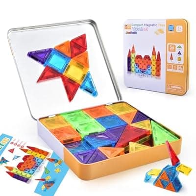 [JoxSaxin] JoxSaxin 56PCS Mini Magnetic Tiles, Portable Magnetic Toy Travel Set for Kids, Includes Iron Storage Box, Puzzle Toy for Boys and Girls Ages 3+, Creative Building Toy Set, Holiday