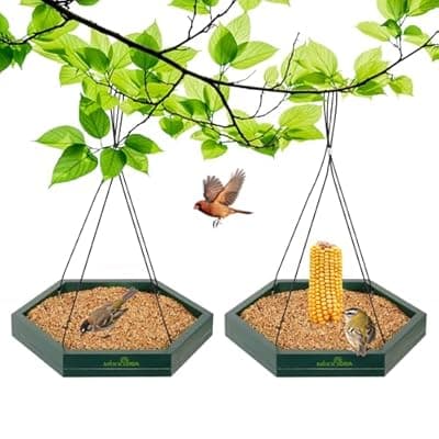 MIXXIDEA Platform Bird Feeder Tray, Hanging Bird Feeders for Outdoors, Wooden Seed Tray Mesh Seed Platform for Garden Yard Outside Decoration Attracting for Wild Birds (1pk-Green)