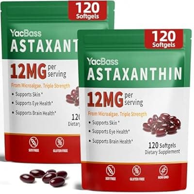[YacBass] YacBass 2Pack Astaxanthin Supplements 12mg - Premium Astaxanthin for Eye, Brain, Skin & Immune Support, Microalgae Source, 240 Softgels