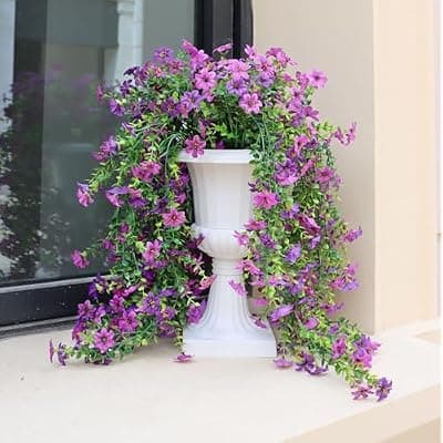 [Obmnor] Obmnor Artificial Hanging Flowers for Outdoors, 4 Pack Fake Hanging Plant for Spring Summer Decor, UV Resistant Faux Silk Flower for Planter Front Door Porch Patio Yard Garden (Double Purple)