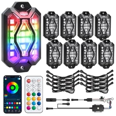 [KANGIKX] KANGIKX 8 Pods RGB LED Rock Lights - Five-Sided Underglow Kit with Brake & Turn Signals, App/Remote, Music Sync, Waterproof for Trucks, Jeep ATV, UTV, RZR, Golf Cart - Multicolor Wheel Well Lights