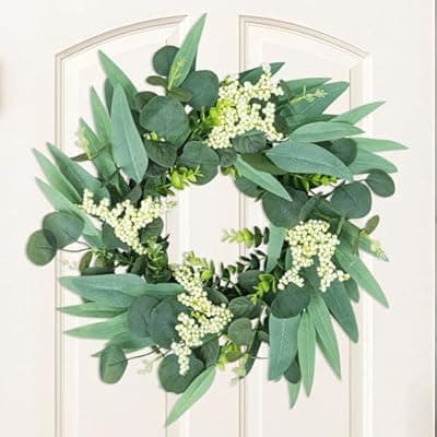 [ERABAY] 20 Inch Artificial Eucalyptus Wreath for Front Door - Farmhouse Spring Wreath with White Berries, Thick Vine & Full Leaves, All Season Home Decor for Porch, Window, Wall, Spring, Wedding Decorations
