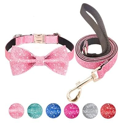 [Jumpress] Jumpress Bling Bow Tie Dog Collar and Leash Set, Cute Pink Girl Dog Collar with 5ft Leash for Small Medium Dogs Daily Walking or Holiday Party (Neck fit 11-16’’)