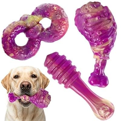 [WinTour] WinTour Dog Chew Toys for Aggressive Chewers 3 Pack, Indestructible Dog Toy to Keep Them Busy, Tough Dog Toys for Aggressive Chewers for Small, Medium and Large Breeds, Beef Flavor, Purple