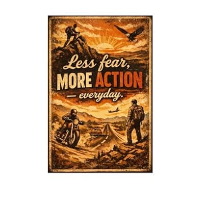 [Carastora] Less Fear More Action Everyday Tin Sign Inspirational Quote Metal Wall Decor Vintage Adventure Sunset Artwork Motivational Rustic Plaque for Home Office Garage Gym Man Cave 8x12 Inch