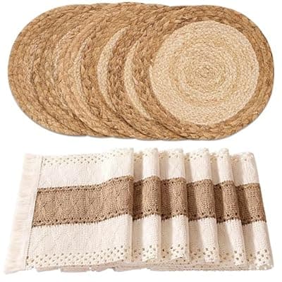[baklean] Handmade Boho Placemats Set of 6 - Natural Cotton Burlap and Water Straw Woven Rattan Wicker Braided Combination Table Mats, Macrame Table Décor Farmhouse Bohemian Style for Dining Room Table Kitchen