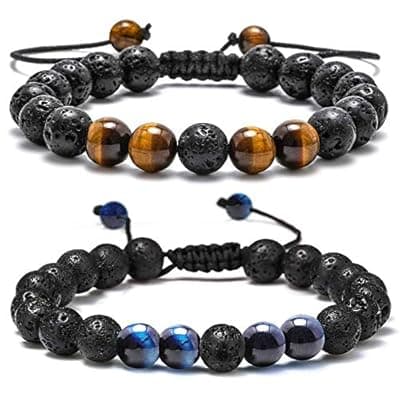 [M MOOHAM] M MOOHAM Easter Gifts for Mens Boy Easter Basket Stuffers - Beaded Natural Stone 8mm Tiger Eye Matte Agate Lava Rock Bracelets Set for Men Teen Boys Dad Grandpa Birthday Gifts Jewelry