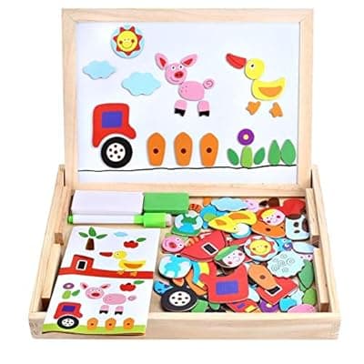 [Angelo home] Wooden Toy Magnetic Board Puzzle Games , Double Side Jigsaw &Drawing Sketchpad Writing Dry Erase Board Chalkboard Educational Toys for Kids
