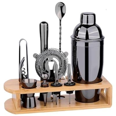 [Wukuna] Cocktail Shaker Set Bartender Kit : 12-Piece Bar Tool Set with Bamboo Stand | Bar Set with All Practical Bar Accessories, for Drink Mixing, Bar, Home, Lounge & Party (Titanium Grey)