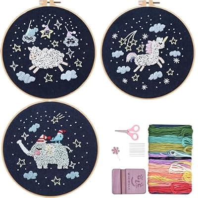 [WHEWGLC] WHEWGLC Embroidery Kit for Beginners, 3 Set Embroidery Starter Kit Cute Animal Patterns, Instruction & Video with Wooden Hoops Needles Threads DIY Hand Sewing Gift for Adults and Teens