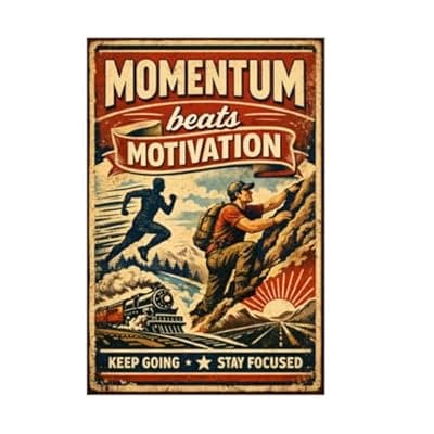 [Carastora] Vintage Tin Sign - Momentum Beats Motivation – Inspirational Metal Art Poster for Home, Office, Gym, Workshop – Motivational Quote for Focus & Determination – 8x12 Inch