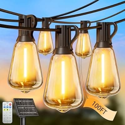 [Skoiuc] Skoiuc 100FT Solar String Lights Outdoor Waterproof with Remote & Timer, LED Shatterproof ST38 Bulbs, USB & Solar Powered Patio Lights for Backyard, Porch, Garden, Wedding, Christmas Decor