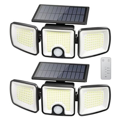 [Brightown] Brightown 2 Pack Solar-Security-Flood-Outdoor-Lights-with-Motion-Sensor, 223 LED 3 Head 270° Angle Street Area Security Lights with Remote, IP65 Waterproof Wall Lights with 3 Modes for Yard Outside