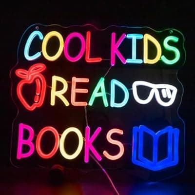 [KATMBFUE] Cool Kids Read Books Neon Sign for Wall Decor, Reading Letter LED Neon Lights Library Neon Signs, Kids Room Reading Corner Classroom Christmas Bedroom Decoration 16.06 x 14.17 inch