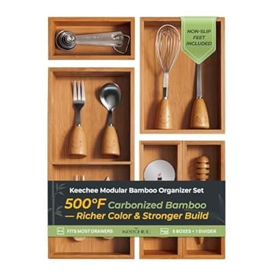 [keechee] keechee 5-Piece Bamboo Drawer Organizer Set, 2.2" Deep Multi-Use Organizers for Utensils, Silverware, Cutlery, Desk, Bathroom, Junk Drawer & Makeup, Non-Slip Feet Included.