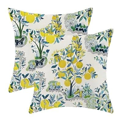 [Sorktse] Sorktse Lemon Floral Pillow Covers 18x18 Inch Set of 2 Blue Yellow Lemon Throw Pillows Spring Summer Flower Butterfly Lemon Pillowcases Outdoor Decor Linen Cushion Covers for Couch Sofa