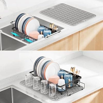 [iSPECLE] iSPECLE Expandable Dish Drying Rack with Silicone Mat for Sink or On Counter, Rust Resistant Adjustable Dish Drainer with Tightening Knob, Arms with Non Slip Rubber, 12.8" W x 12.4"-17.1" L, Black