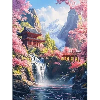 [Lophomie] Lophomie Pink Landscape Diamond Art Kits for Adults, 5D Diamond Painting for Adults Beginners, DIY Diamond Dots Kits Gem Arts Crafts for Home Wall Decor 12x16 Inch