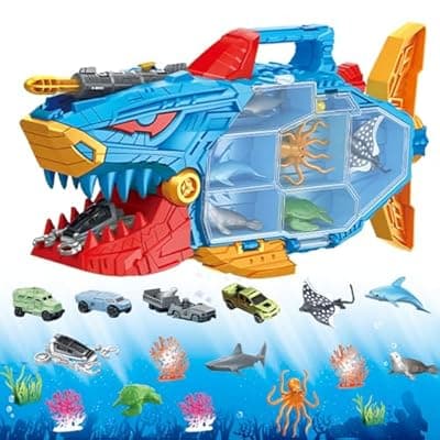 [Frontoytall] Frontoytall Shark Ocean Animal Toys Set with 18 Piece Sea Creatures & Transport Vehicles, Double-Side Storage + Portable Handle, Educational Bath Toys for Kids Ages 3-12 Years Old