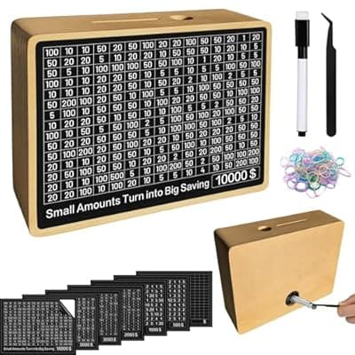 Quincunx Wooden Money Saving Box Cash Savings Box for $10000, 5000, 3000, 2000, 1000, 500 and Custom x2, Target Money Saving Challenge, kakeibo Money Box with Pen (Wood)
