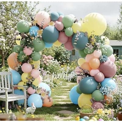 [feilebalon] Pink Blue Green Balloon Arch Kit with Artificial Flowers, Double Stuffed Light Baby Yellow Pink Blue Green Pastel Floral Balloon Garland for Baby Shower Wedding Birthday Easter Fairy Tea Party Decor